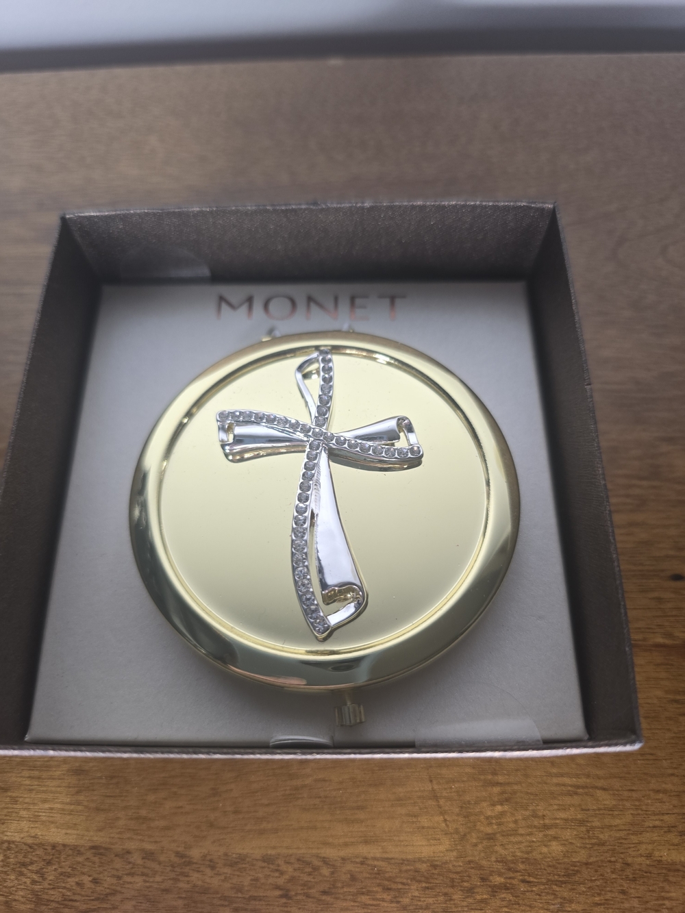 Monet Gold Compact Mirror with Silver Cross Detail
